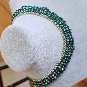 Hand Beaded Teal & Silver Necklace